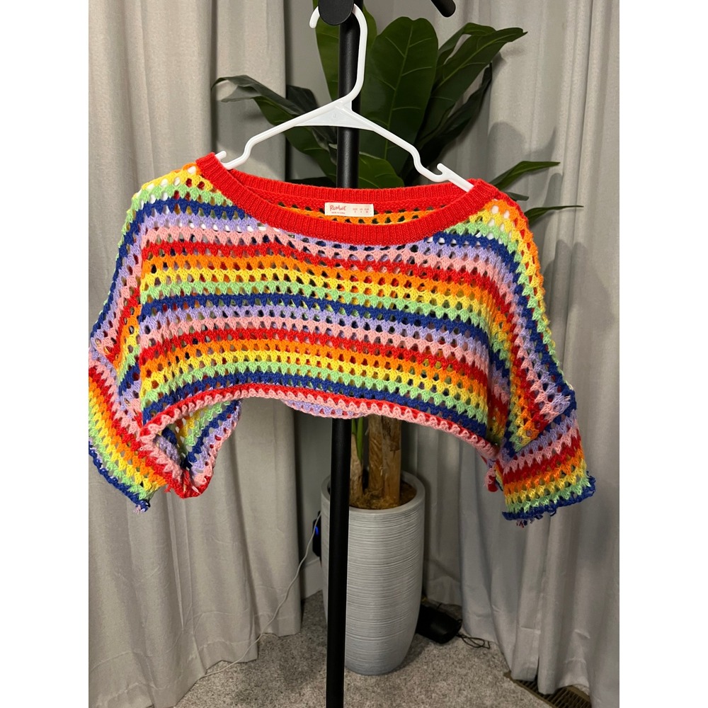 Romwe Womens Rainbow Striped Crochet Knit Shrug Ultra Crop Top Multicolor Small